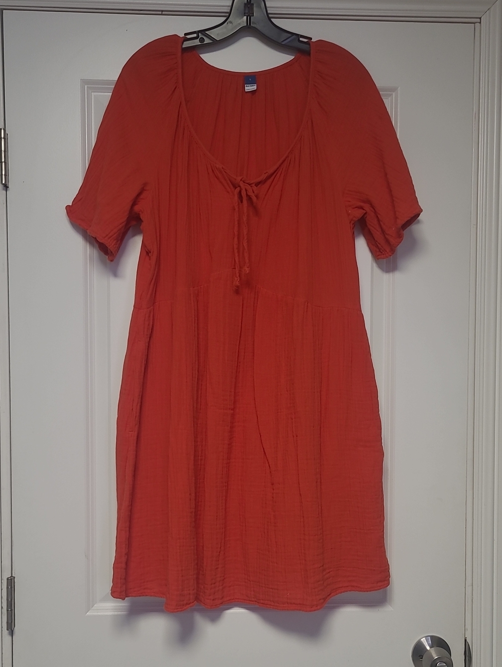 Womens Orange Short Sleeve Tie-Front Peasant Dress